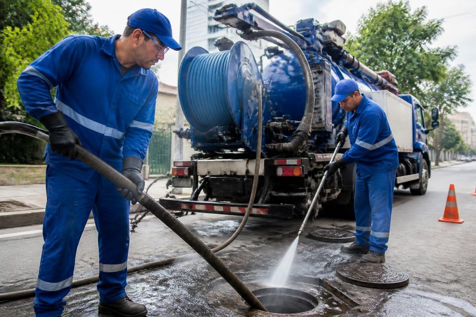 Equipe técnica de desentupidora em Curitiba executando hidrojateamento